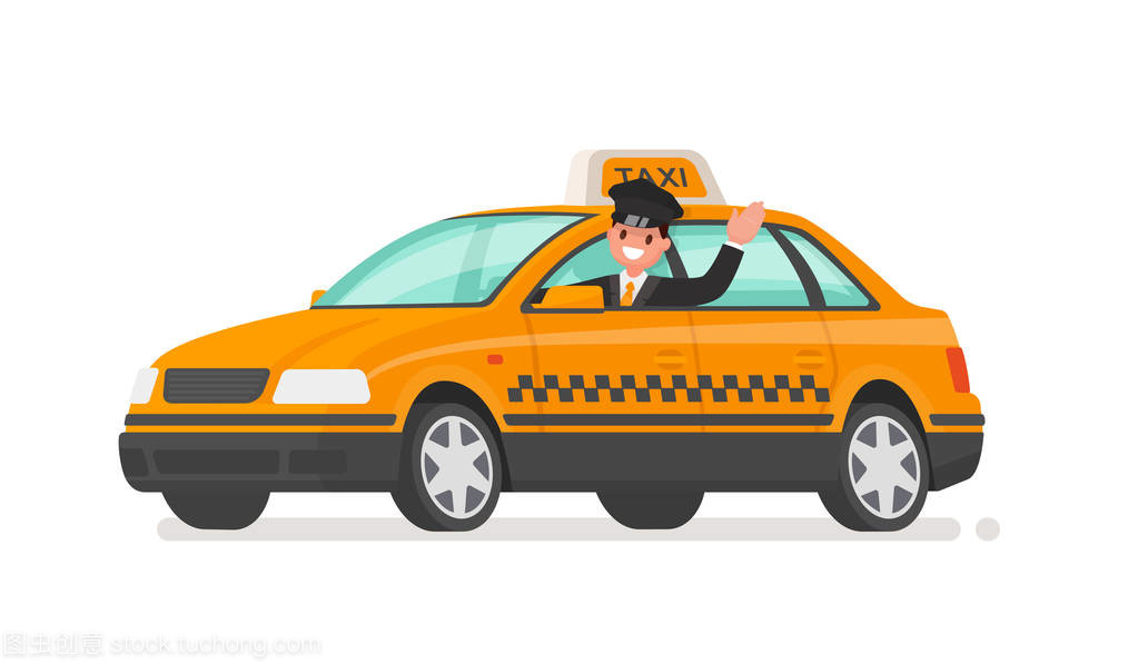 司机正在开一辆出租车。黄色计程车矢量插图